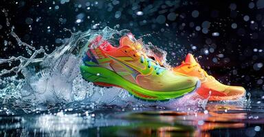Colorful running shoes in splashes water. Shoes are bright. Water adds sense of energy to scene photo