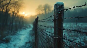 Barbed wire in sharp focus against a blurred background, symbolizing confinement and loss, empty space on one side photo