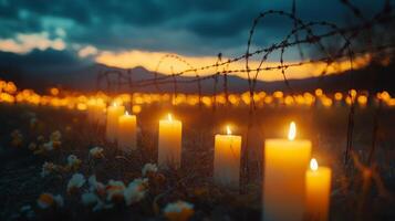 Barbed wire with out-of-focus memorial candles behind, empty space in frame, solemn feel photo