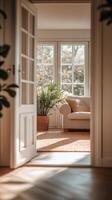 Door opening into bright living area, soft colors, cozy couch, coffee table, natural light, blurred background details, spacious feel. photo