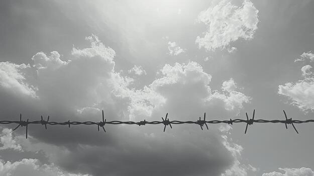 Lonely barbed wire against a cloudy sky, monochrome effect, empty space to the side photo
