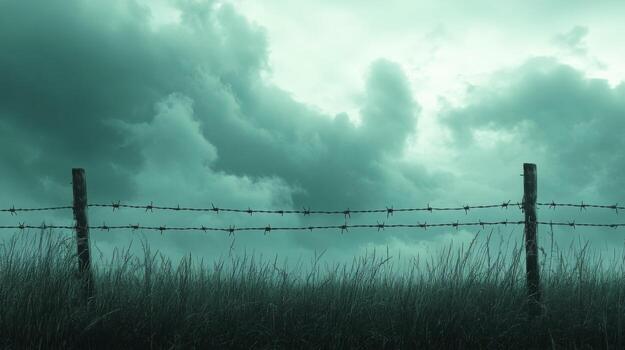 Lonely barbed wire against a cloudy sky, monochrome effect, empty space to the side photo