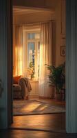 Interior scene through open door, cozy living room, neutral furniture, soft lighting, window curtains, spacious empty wall. photo