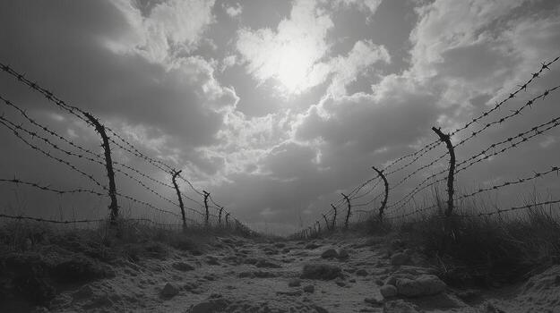Lonely barbed wire against a cloudy sky, monochrome effect, empty space to the side photo