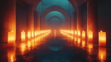 Rows of candles lighting up a dark room, empty space for reflection, soft glow photo