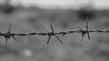 Barbed wire in sharp focus against a blurred background, symbolizing confinement and loss, empty space on one side photo