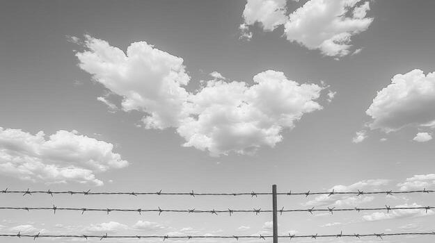 Lonely barbed wire against a cloudy sky, monochrome effect, empty space to the side photo
