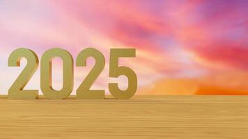 The 2025 number on wood table for new year or celebration concept 3d rendering. photo