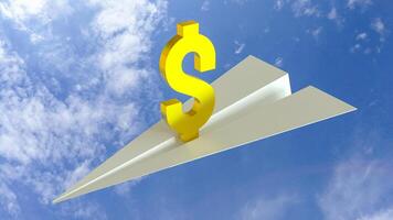 The Gold Dollar symbol on paper plane for Business concept 3d rendering. photo