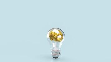 The Gold Brain in light bulb for sci and education or Business concept 3d rendering. photo