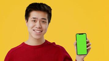 Asian young man in a red sweater smiles as he holds up a smartphone displaying a bright green screen against a vibrant yellow background, conveying enthusiasm and excitement. video