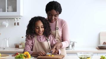 Black mother and her daughter happily work together in a sunny kitchen, chopping vegetables and sharing a joyful cooking moment, creating a delicious meal. video