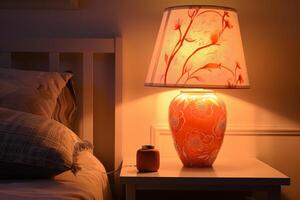 Elegant floral lamp illuminating bedroom in warm light photo