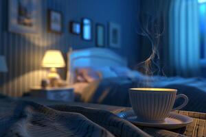 Steaming cup of drink resting on bed in a cozy dark bedroom photo