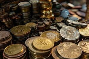 Large variety of old coins are displayed on a table photo