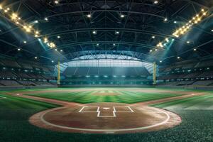 Baseball stadium at night with bleachers and lights illuminating the field photo