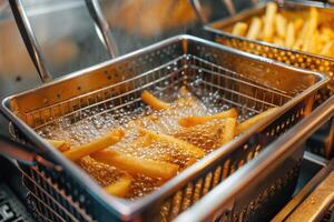 French fries cooking in a deep fryer being lowered into hot oil for cooking photo