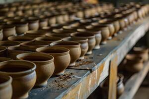 Rows of identical clay pots drying on workshop shelf photo