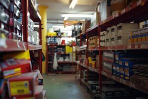 Narrow aisle running through hardware store with shelves full of goods photo