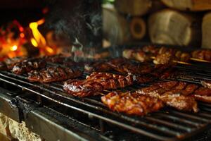 Delicious juicy meat grilling on barbecue with flames in the background photo