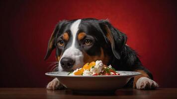 A dog curiously gazes at a plate of colorful food on a wooden table against a red background. photo