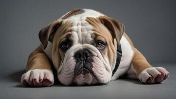 A relaxed bulldog lying on a surface, showcasing its unique features and expression. photo