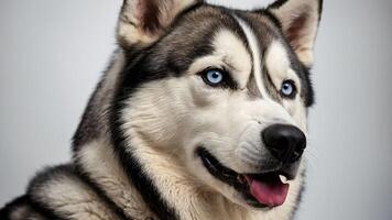 A close-up portrait of a Siberian Husky with striking blue eyes and a friendly expression. photo