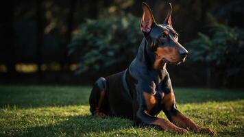 A majestic Doberman lying gracefully on green grass, illuminated by soft sunlight. photo
