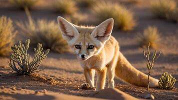 A fennec fox explores a sandy desert landscape, showcasing its large ears and curious nature. photo