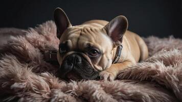 A relaxed French Bulldog lying on a soft, fluffy blanket in a dimly lit setting. photo