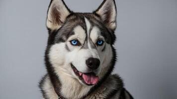 A close-up portrait of a Siberian Husky with striking blue eyes and a friendly expression. photo