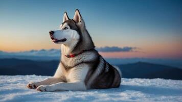 A majestic husky resting on snow with a serene sunset in the background. photo