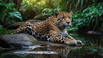 A jaguar resting by a tranquil river in a lush jungle setting. photo