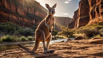 A kangaroo stands in a serene landscape with red cliffs and a river at sunset. photo