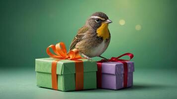 A bird perched on colorful gift boxes, creating a festive and cheerful atmosphere. photo
