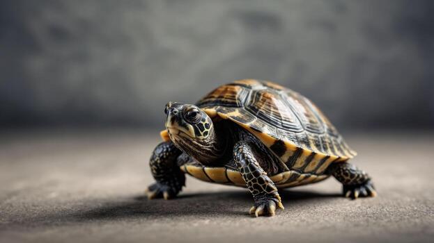 A close-up of a turtle on a textured surface, showcasing its intricate shell patterns. photo