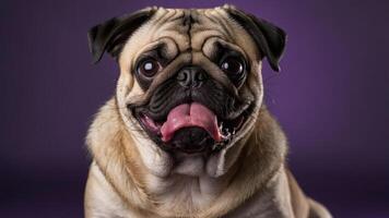 A close-up portrait of a cheerful pug dog with a playful expression against a purple background. photo