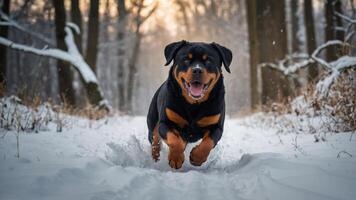 A joyful Rottweiler running through a snowy forest path. photo