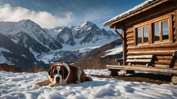 A St. Bernard resting in the snow near a wooden cabin with mountains in the background. photo