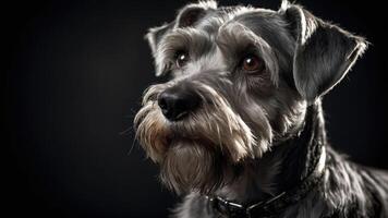 A close-up portrait of a Schnauzer dog with expressive eyes against a dark background. photo