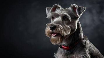 A close-up portrait of a Schnauzer dog with a dark background. photo