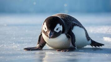 A close-up of a young penguin sliding on ice in a cold environment. photo