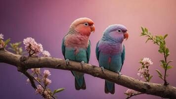 Two colorful parrots perched on a branch with blossoms against a soft gradient background. photo