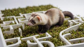 A ferret exploring a maze-like structure filled with greenery. photo