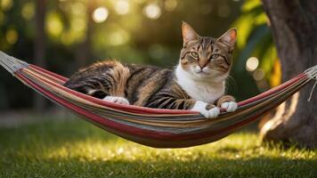 A relaxed cat lounging in a colorful hammock surrounded by greenery. photo