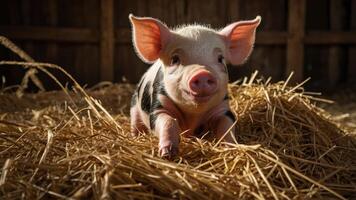 A cute piglet resting on straw in a barn, evoking a sense of farm life and warmth. photo