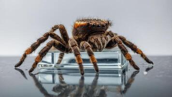 A close-up image of a spider on a glass surface, showcasing its detailed features. photo