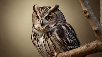 A majestic owl perched on a branch, showcasing its striking features and intense gaze. photo