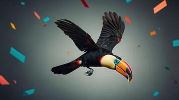 A colorful toucan in flight against a dynamic, abstract background. photo