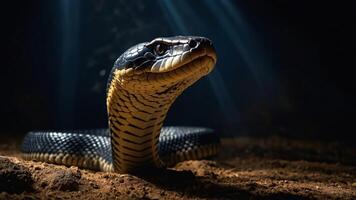 A close-up of a snake in a dimly lit environment, highlighting its scales and features. photo